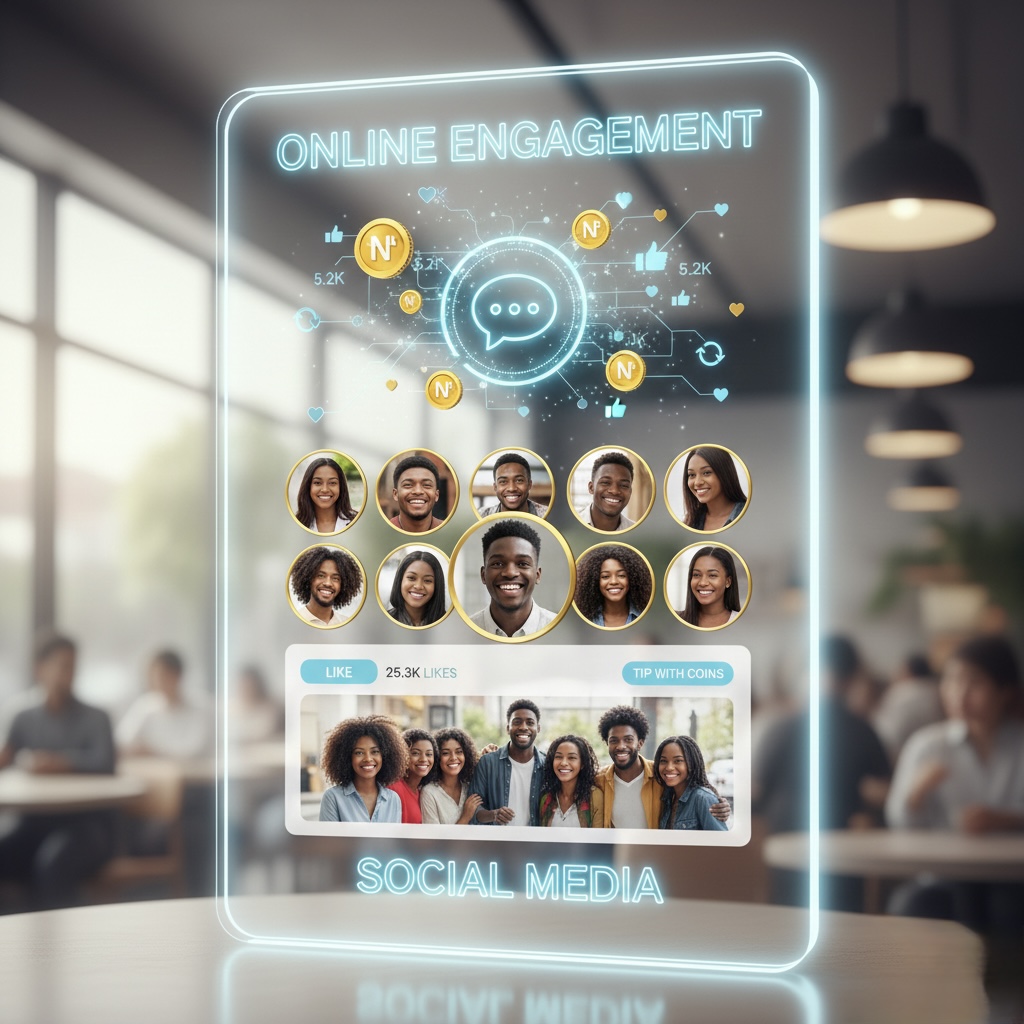 A bright interface mockup of social engagement icons such as likes and coins with community profile images.