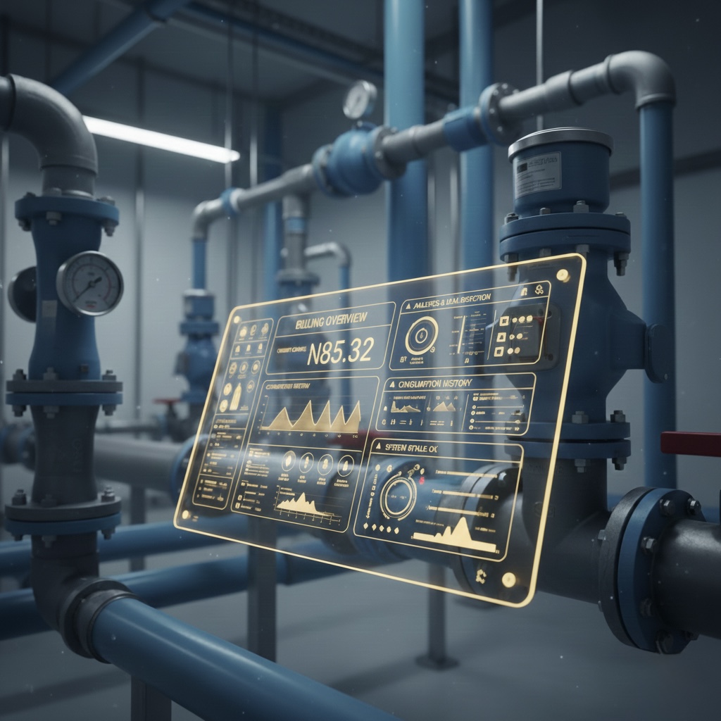 Water meters, pipelines, and a digital dashboard showing billing and analytics.