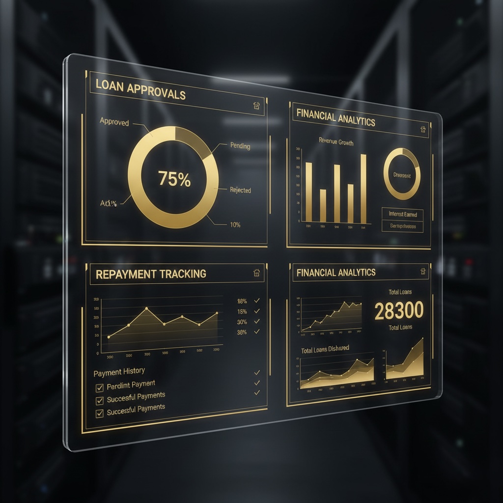 A digital dashboard showing loan approvals, repayment tracking, and financial analytics.