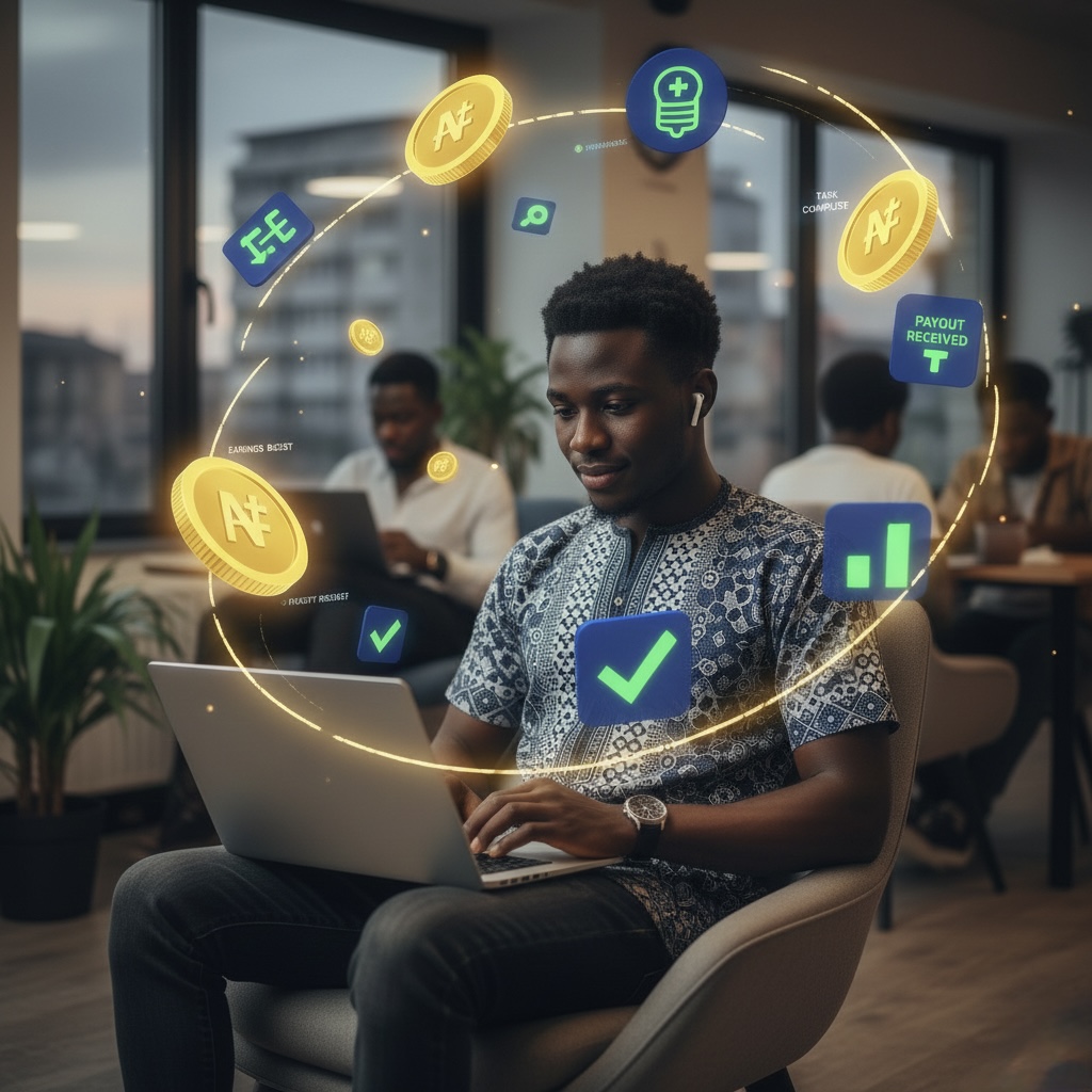 A young Nigerian using a laptop or phone, surrounded by earning icons such as coins, check marks, and digital task symbols.