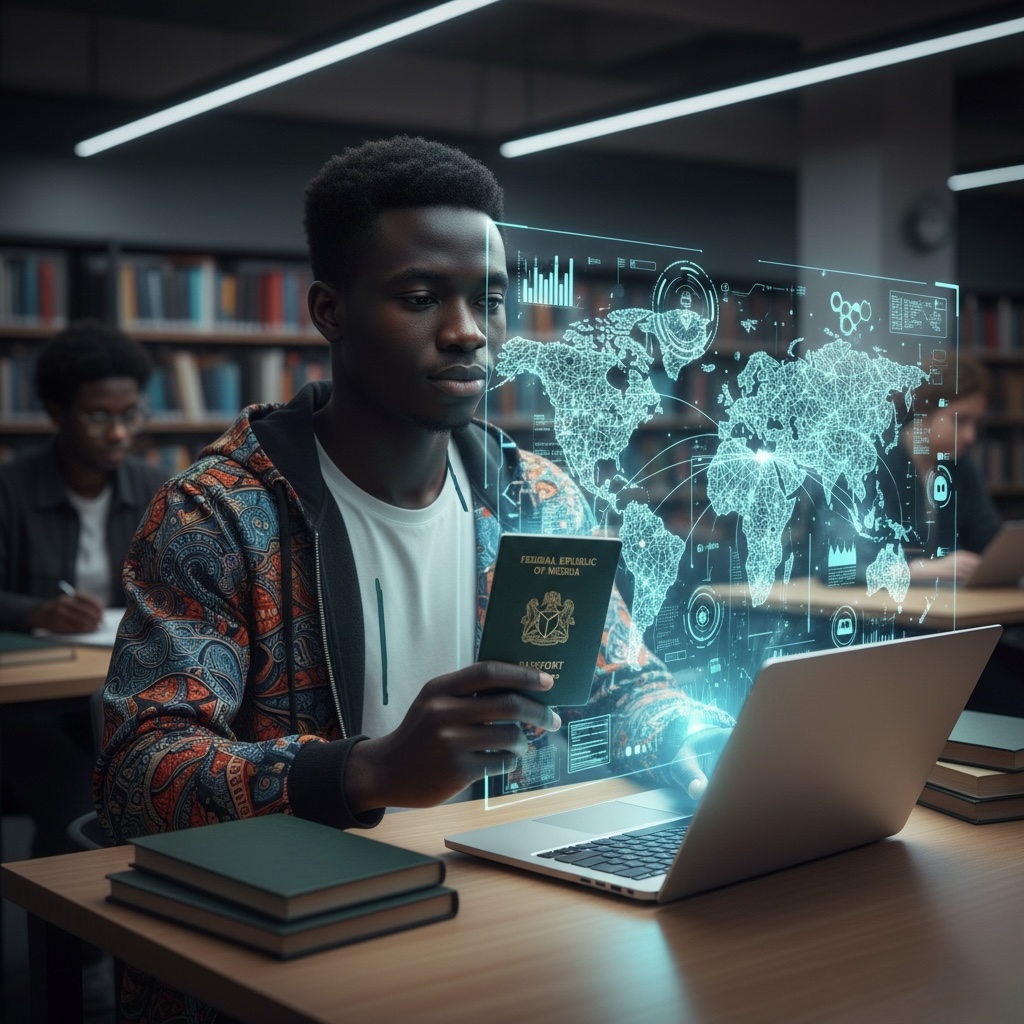 A student holding a passport and laptop overlayed with AI holograms and global maps.